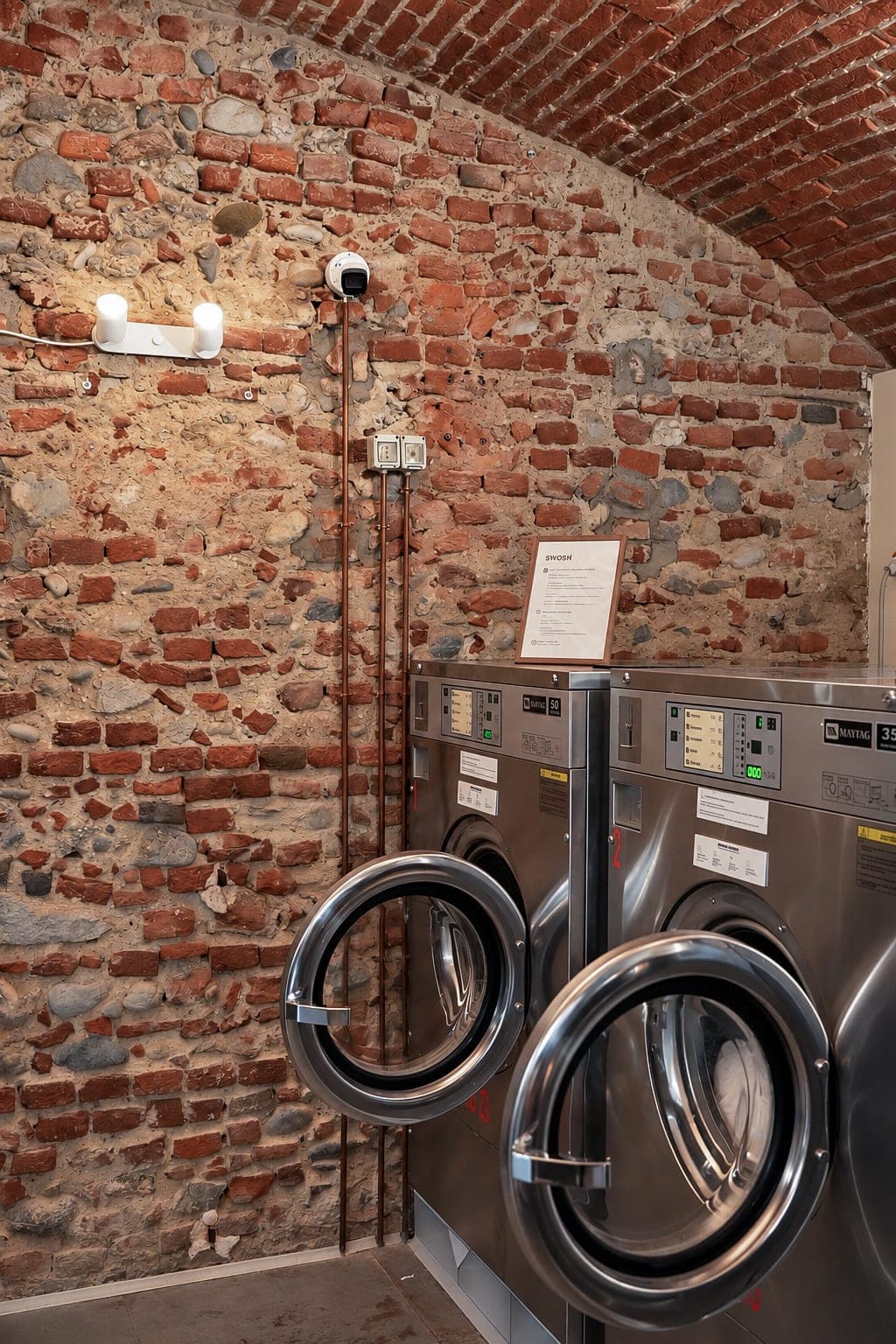 Le due lavatrici Maytag più grandi del negozio, da 16 e 23 kg, con l'oblò aperto