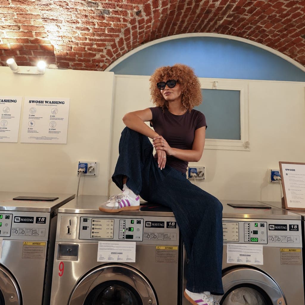 Una ragazza seduta sopra le lavatrici Maytag, sotto la volta in mattoni del negozio